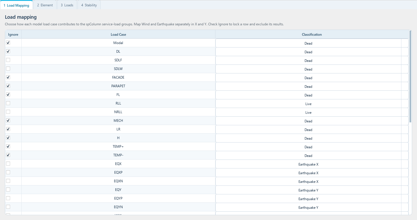SPINE spColumn load mapping with ETABS cases