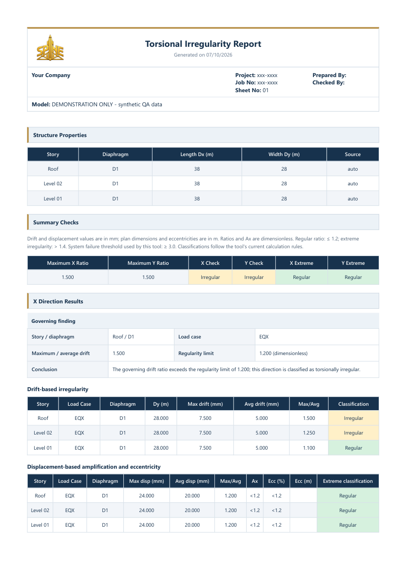 SPINE torsional irregularity report page